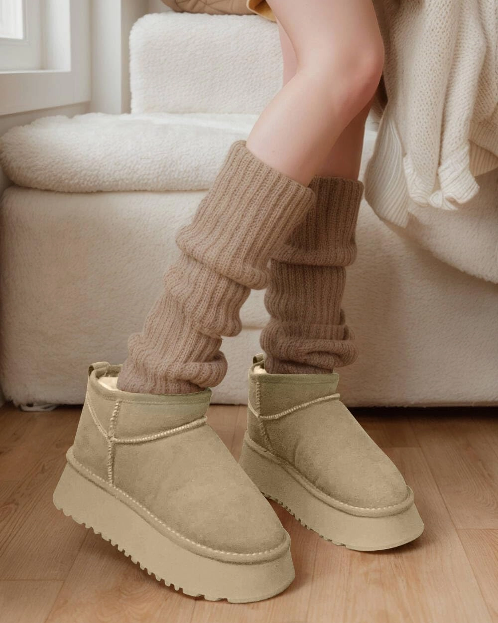 Platform Mini Boots for Women Suede Upper Winter Boots Warm Fur Fleece Lined Anti-Slip Sole Short Ankle Snow Boots for Indoor & Outdoor
