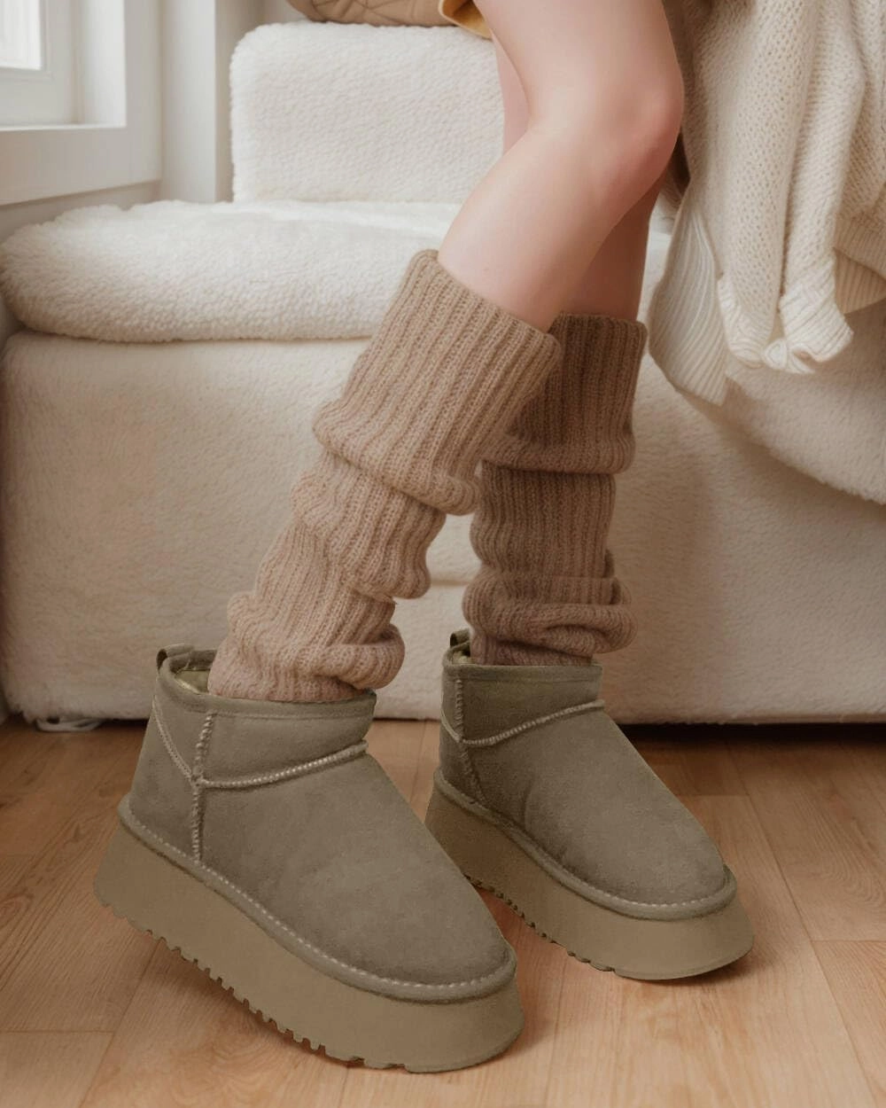 Platform Mini Boots for Women Suede Upper Winter Boots Warm Fur Fleece Lined Anti-Slip Sole Short Ankle Snow Boots for Indoor & Outdoor