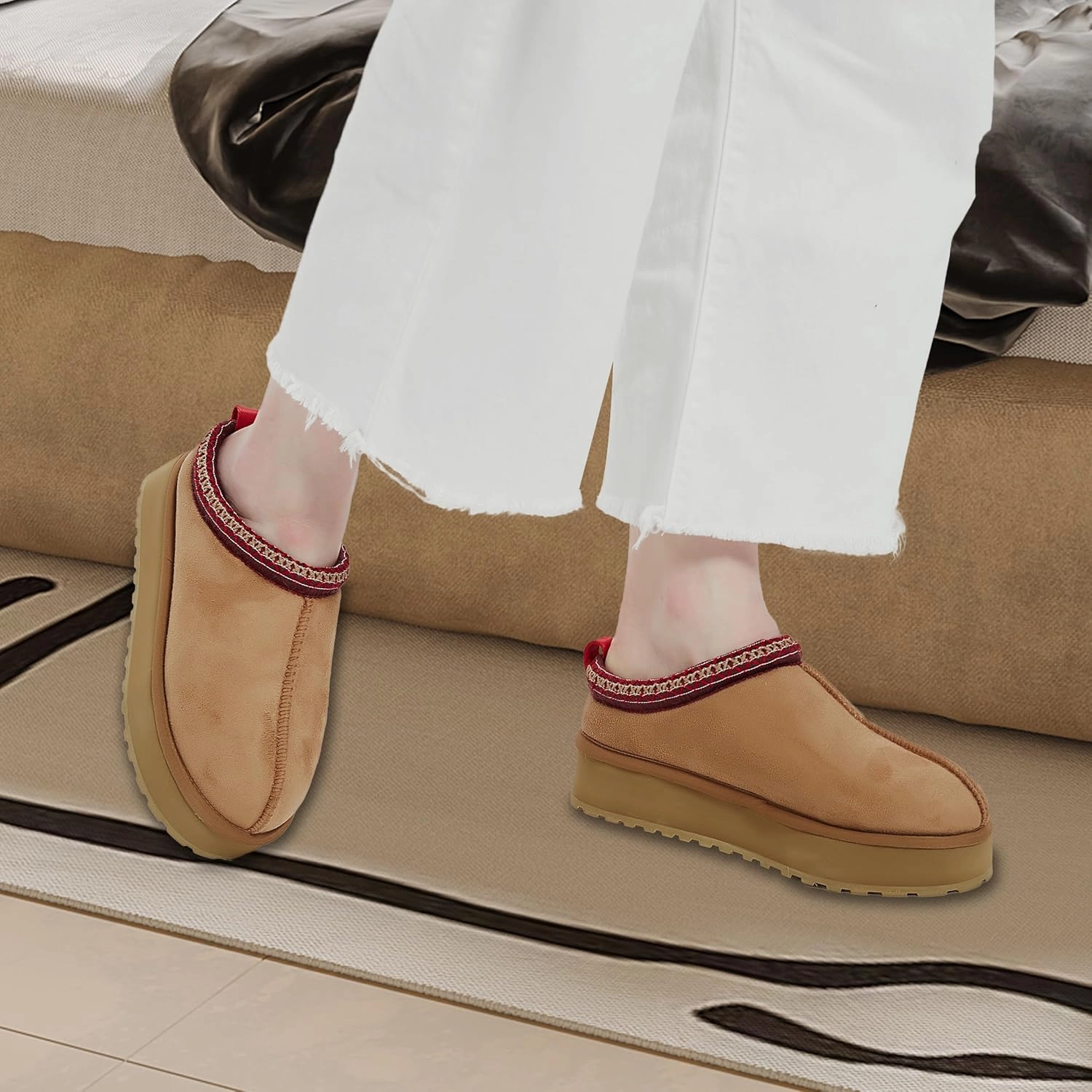 Platform Slippers, Mini Boots for Women Indoor Outdoor Anti-slip Slippers Womens Warm Fleece Lining Suede Leather Ankle Boots Slip On Hoese Shoes
