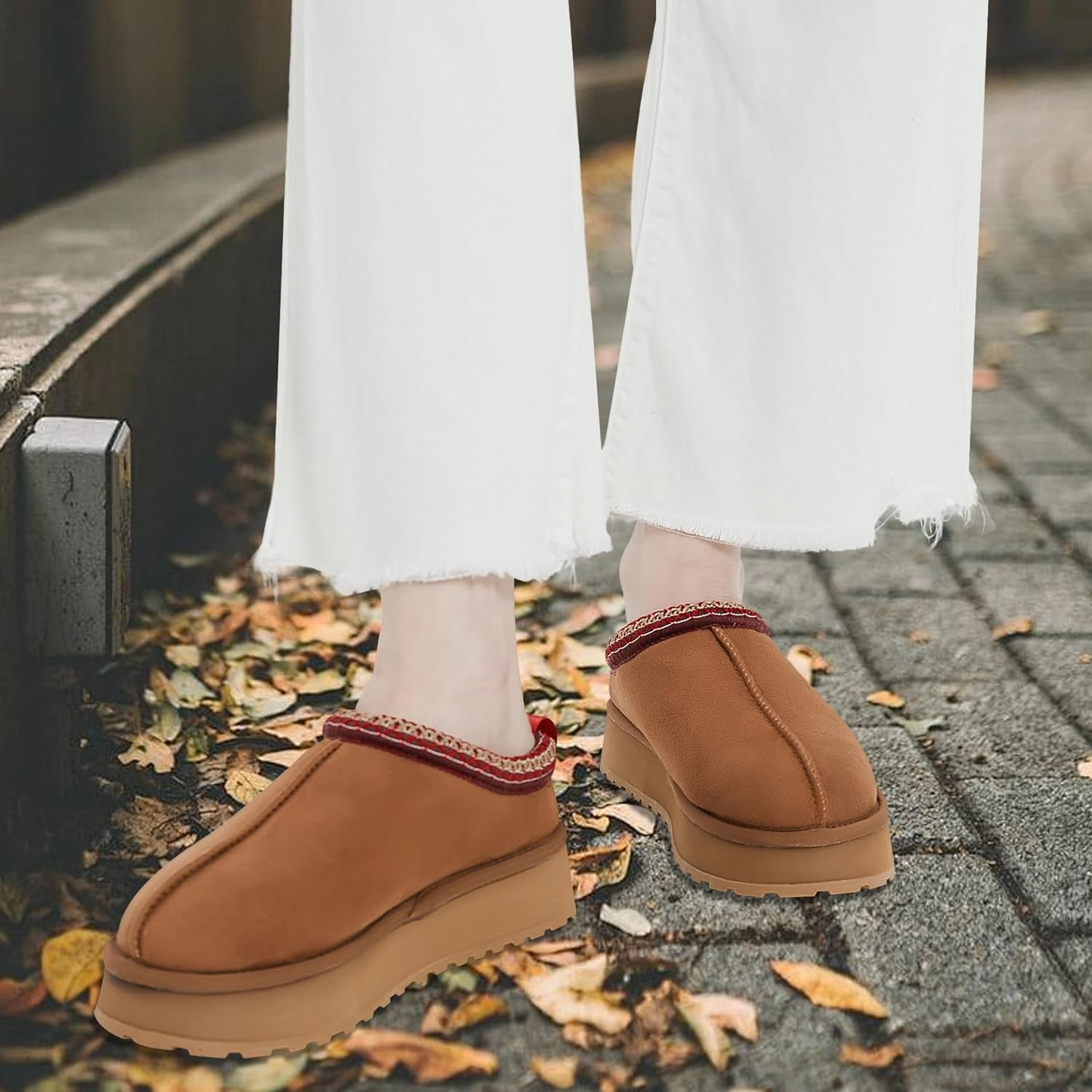 Platform Slippers, Mini Boots for Women Indoor Outdoor Anti-slip Slippers Womens Warm Fleece Lining Suede Leather Ankle Boots Slip On Hoese Shoes