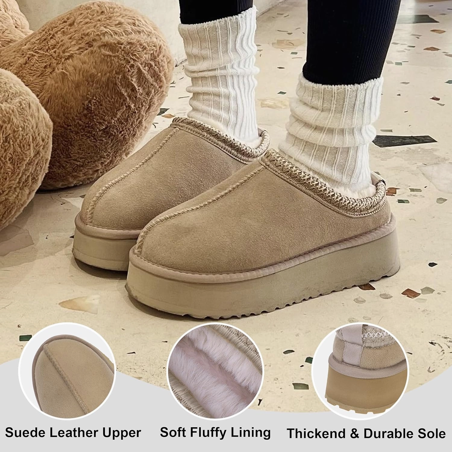Platform Slippers, Mini Boots for Women Indoor Outdoor Anti-slip Slippers Womens Warm Fleece Lining Suede Leather Ankle Boots Slip On Hoese Shoes