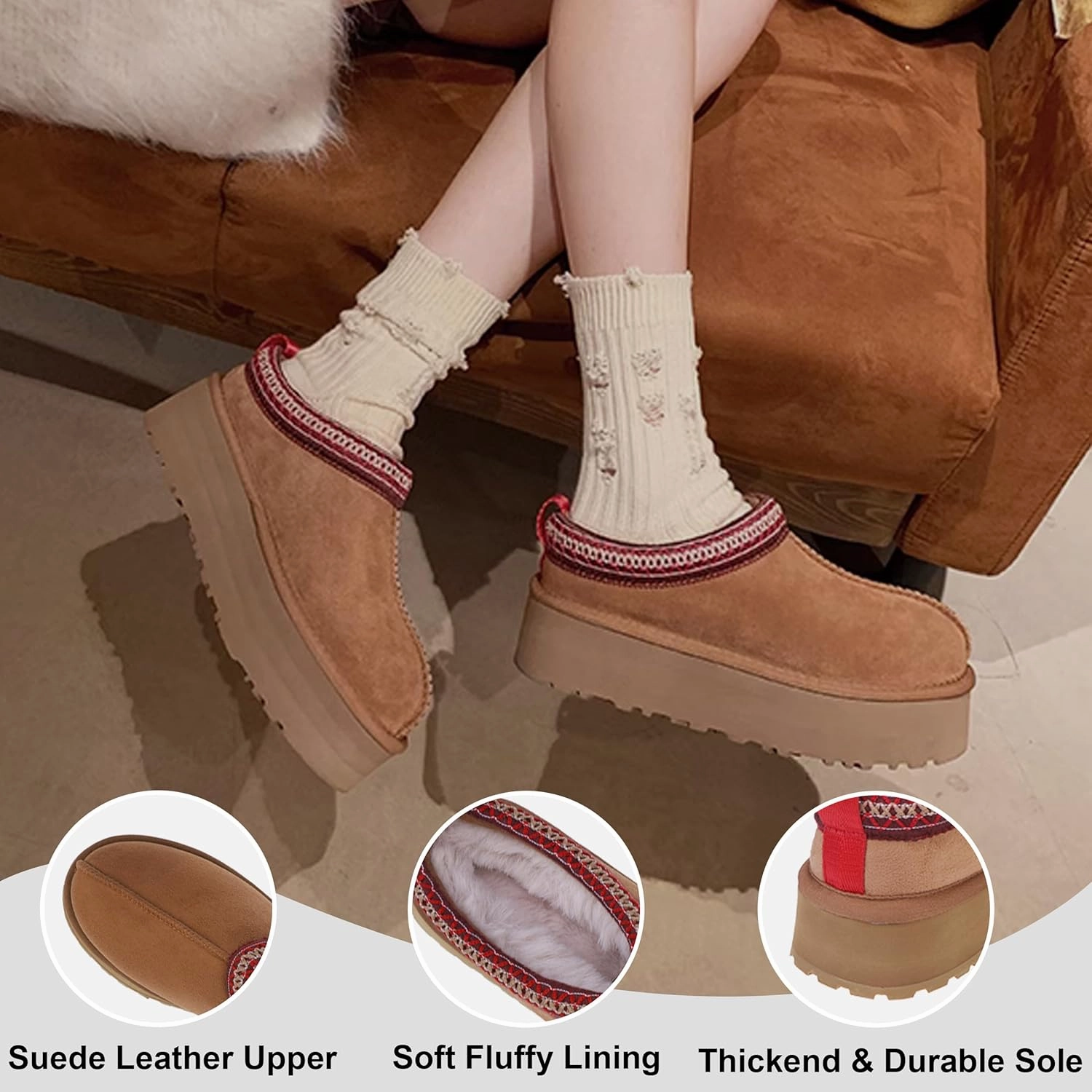 Platform Slippers, Mini Boots for Women Indoor Outdoor Anti-slip Slippers Womens Warm Fleece Lining Suede Leather Ankle Boots Slip On Hoese Shoes