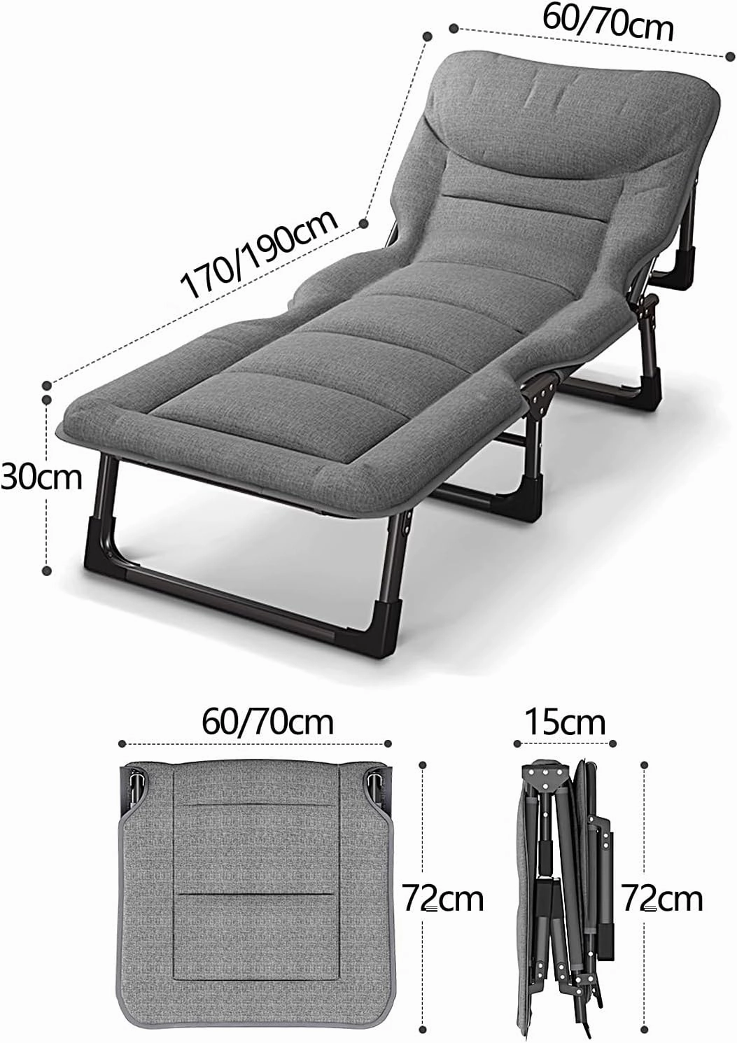 Portable Folding Bed for Adults Four Speed Adjustment Camping Cot for Adults with 3D Headrest Portable Folding Bed for Sleeping 160 kg Load Capacity(Gray D,190 * 70 * 30cm)