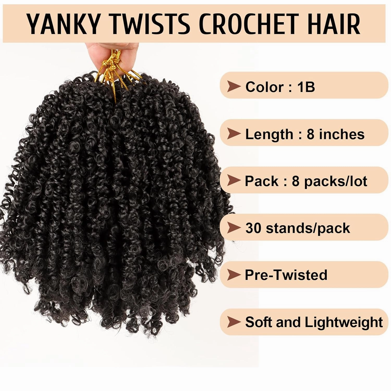 Pre Looped Yanky Twist Crochet Hair 8 Inch 8 Packs 1B# Natural Black Fluffy Spring Mini Twist Passion Twist Bohemian Synthetic Crochet Braiding Hair