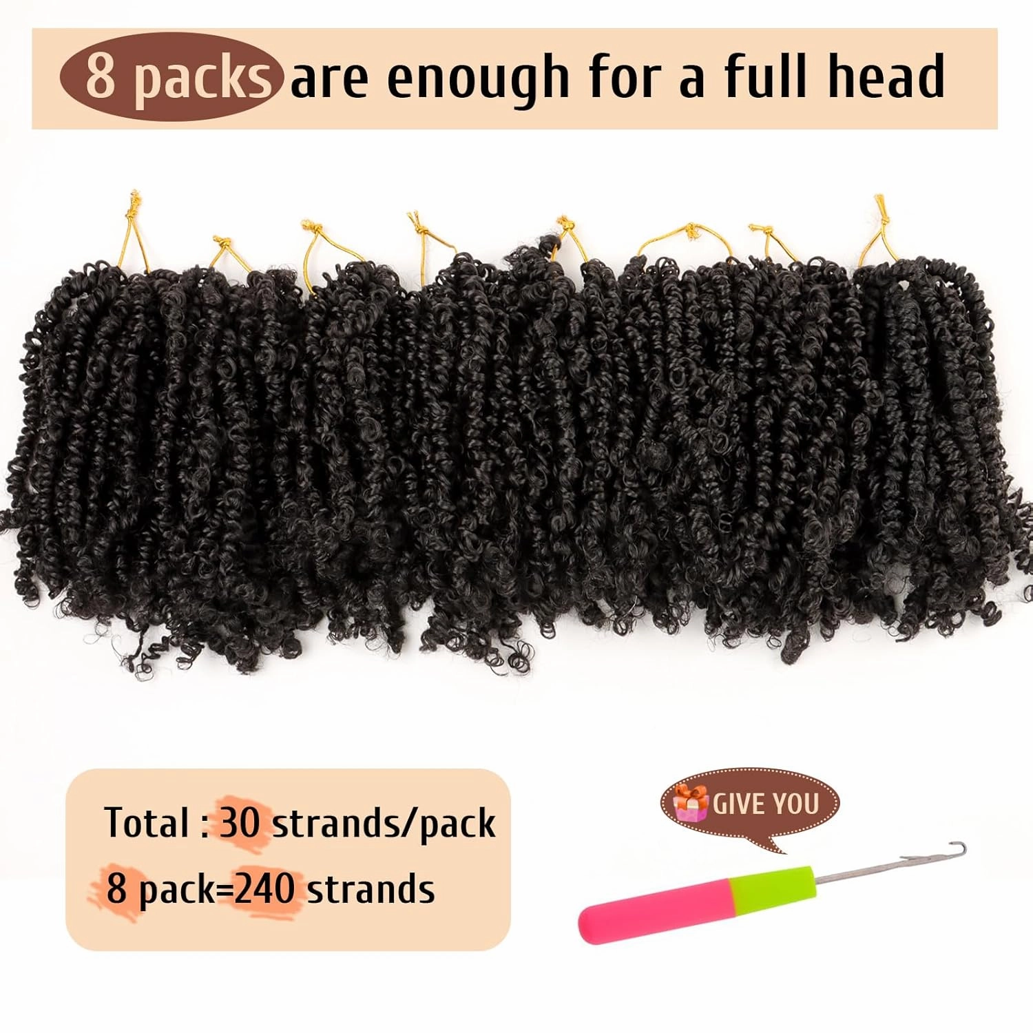 Pre Looped Yanky Twist Crochet Hair 8 Inch 8 Packs 1B# Natural Black Fluffy Spring Mini Twist Passion Twist Bohemian Synthetic Crochet Braiding Hair
