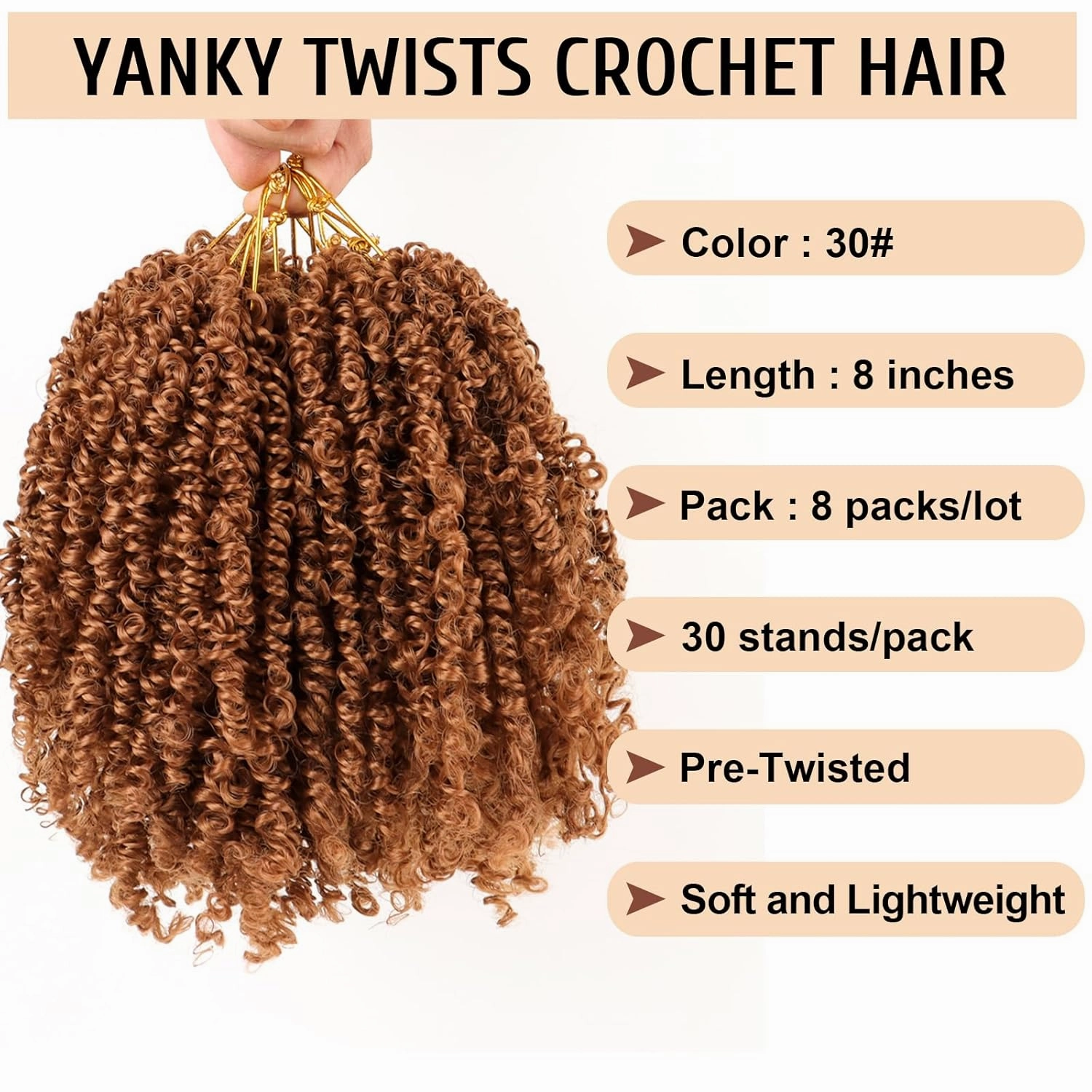 Pre Looped Yanky Twist Crochet Hair 8 Inch 8 Packs 30# Brown Fluffy Spring Mini Twist Passion Twist Bohemian Synthetic Crochet Braiding Hair