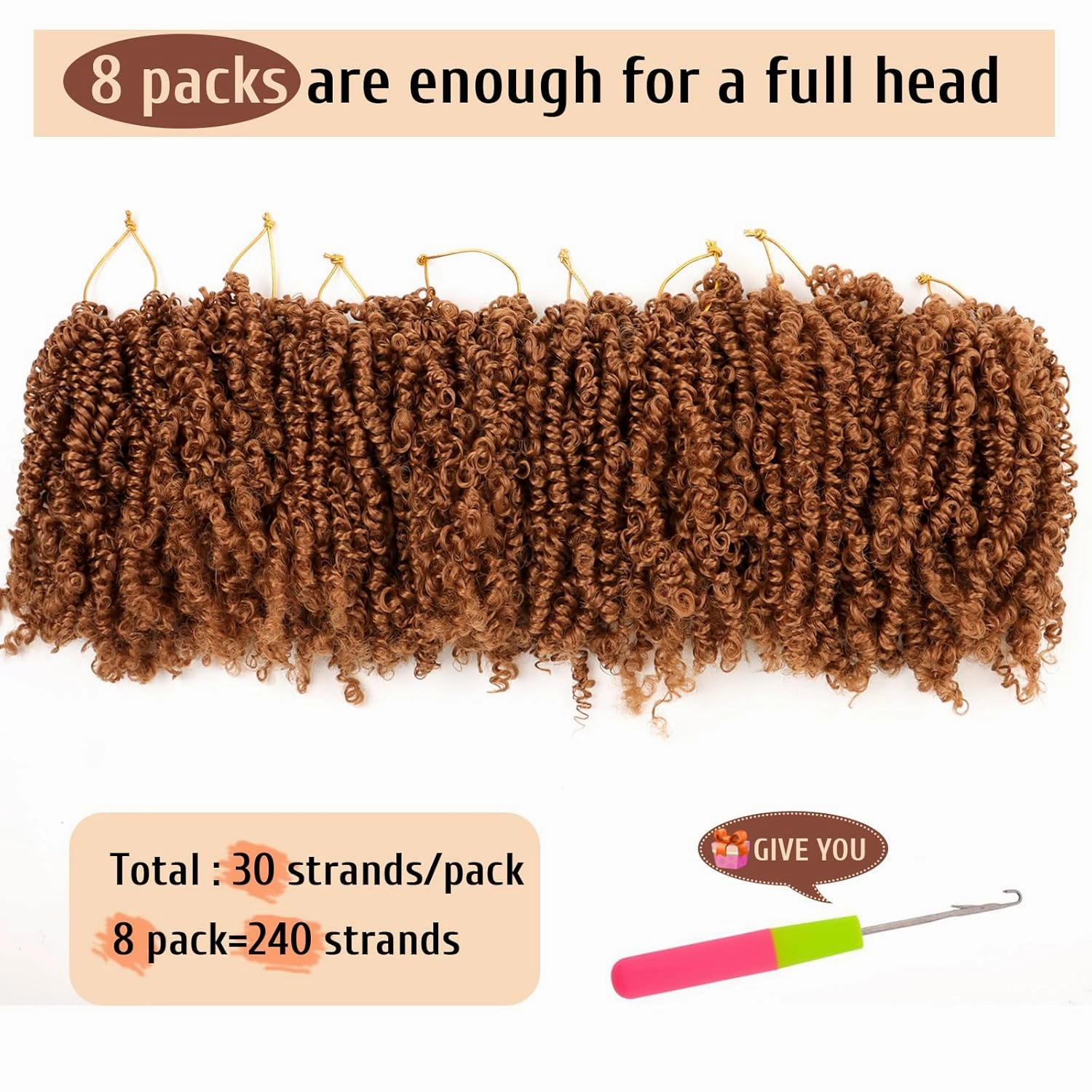 Pre Looped Yanky Twist Crochet Hair 8 Inch 8 Packs 30# Brown Fluffy Spring Mini Twist Passion Twist Bohemian Synthetic Crochet Braiding Hair
