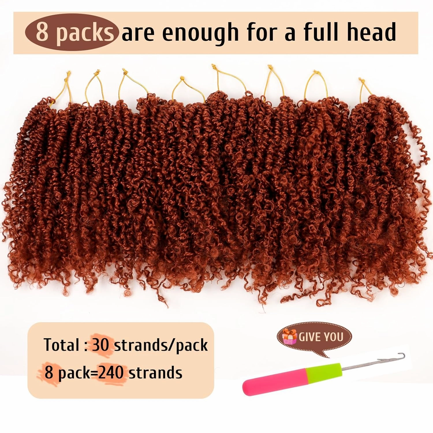 Pre Looped Yanky Twist Crochet Hair 8 Inch 8 Packs 350# Ginger Fluffy Spring Mini Twist Passion Twist Bohemian Synthetic Crochet Braiding Hair