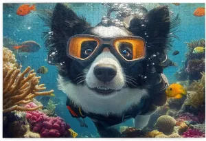 puppy coral adventure puzzles for adults 1000 pieces,playful dog in diving gear among fish & colorful reefs,vibrant and unique design,suitable for family recreation,gift for animal lovers