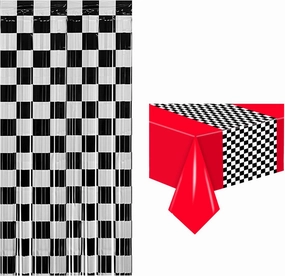 Race Car Checkered Foil Fringe Curtains Backdrop and Racing Tablecloths for Boys Car Themed Birthday Party Decorations Favors