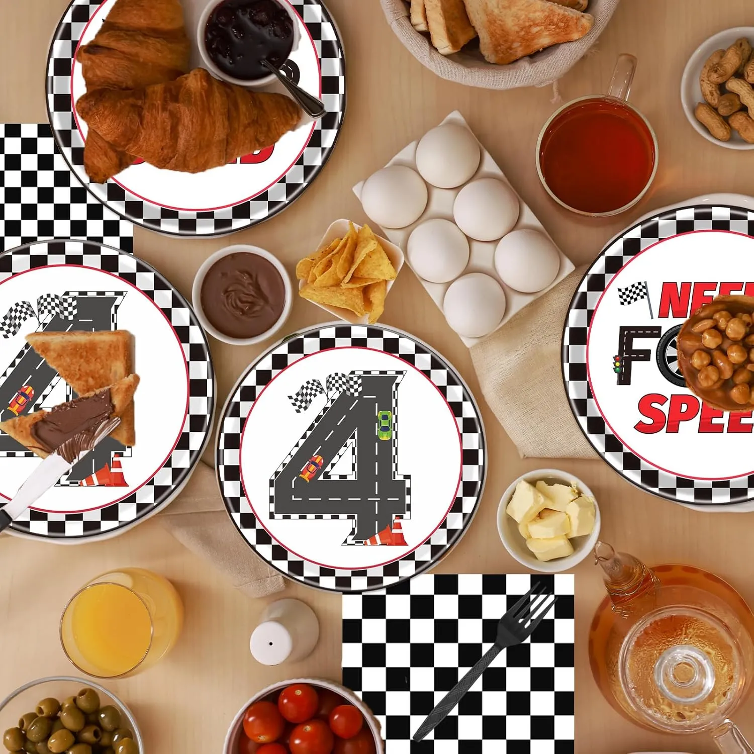 Rakuto Cars 4th Birthday Party Plates and Napkins Set, 96PCS Need Four Speed Birthday Decorations Supplies, Racing Car Fourth Disposable Tableware for Boys