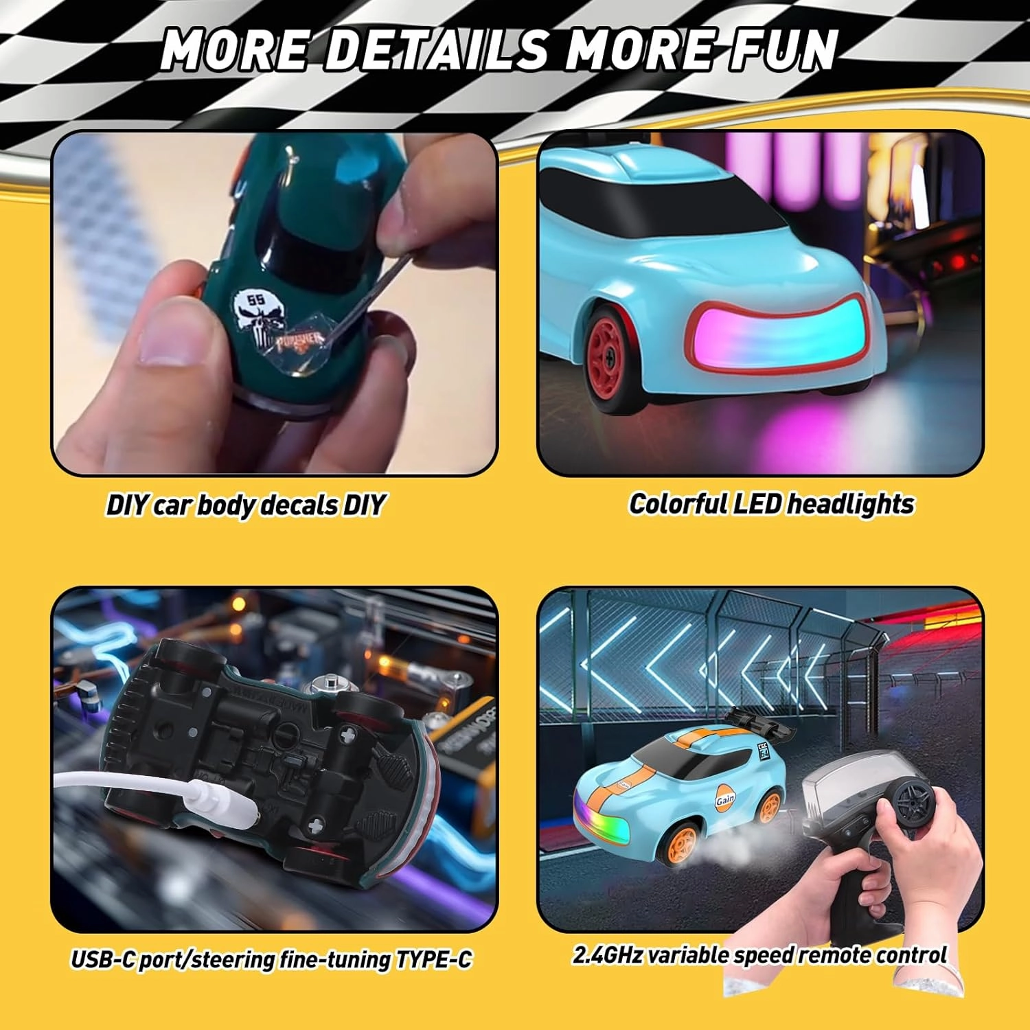 RC Drift Car 1/64 Scale Mini RC, 2.4Ghz Micro Turbo Racing 4WD Desktop Remote Control Rally Car with LED Lights for Adults Kid Toys Gift (Electric Blue Concept Model)