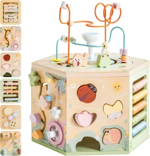 ROBUD Wooden Activity Cube, 13-in-1 Montessori Toys for 1  Year Old, Educational Learning Toys for Toddlers Age, Fountain Garden Theme for Baby Boys & Girls