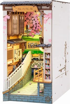 Rolife DIY Book Nook Kit 3D Wooden Puzzle for Adults 8.7" Bookshelf Indert Decor with LED Miniature Dollhouse Kit Bookend Crafts Diorama Hobbies Gifts for Boys Girls (Sakura Densya)