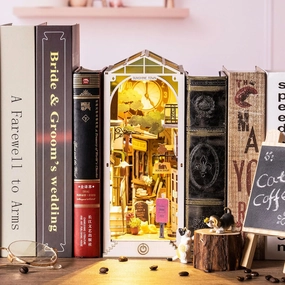 Rolife DIY Book Nook Kit 3D Wooden Puzzle for Adults 9.5" Bookshelf Indert Decor with LED Miniature Dollhouse Kit Bookend Crafts Diorama Hobbies Gifts for Boys Girls (Sunshine Town)