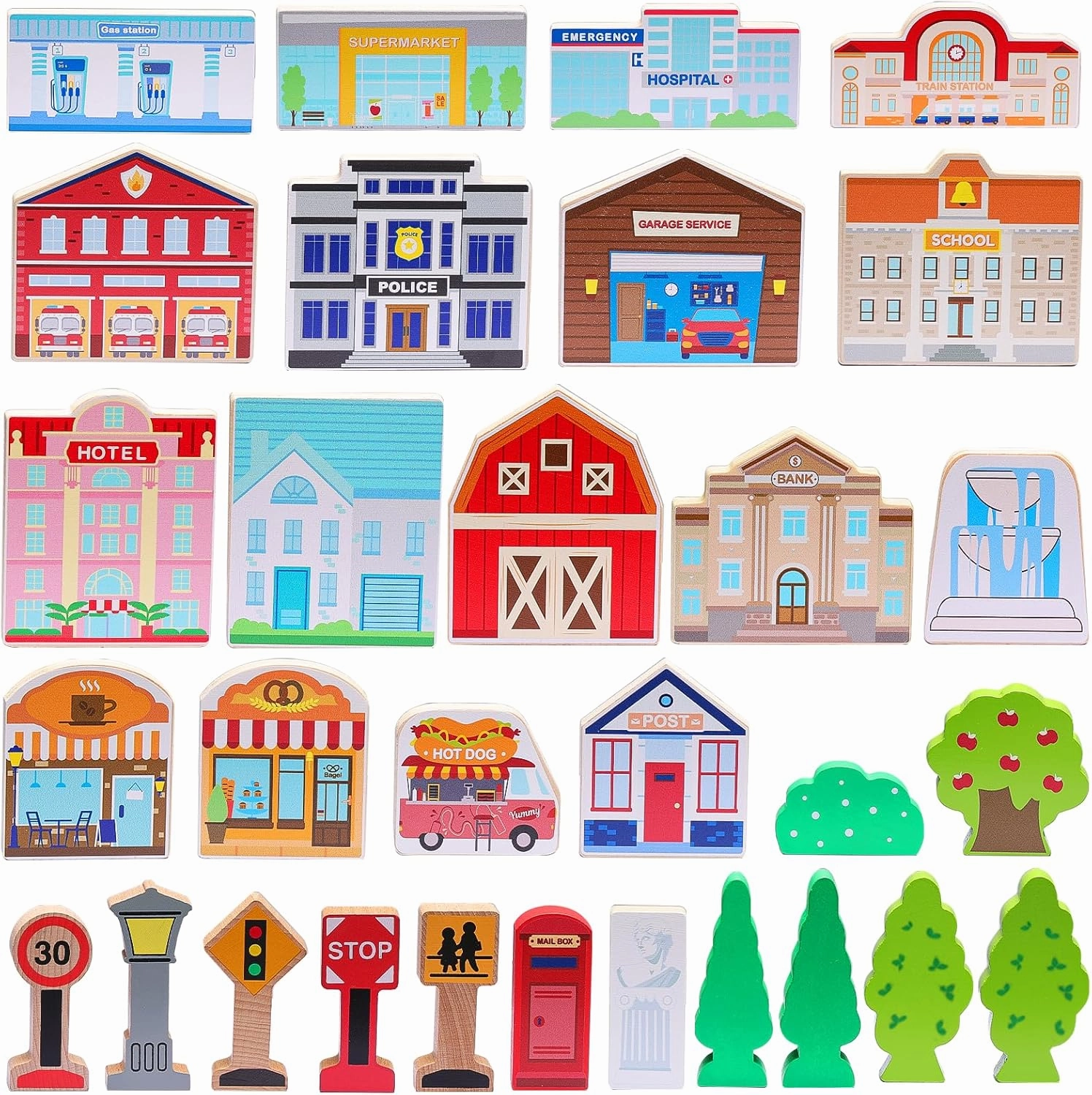 SainSmart Jr. 30 Pcs Wooden Town Play Set, Wooden Train Accessories, Community Helpers Toys for Preschool Learning | Includes Buildings, Traffic Signs and Trees | Gift for Boys and Girls