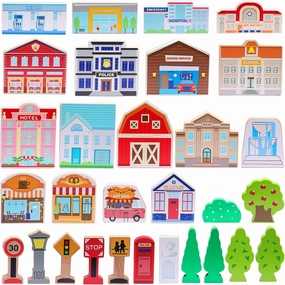 SainSmart Jr. 30 Pcs Wooden Town Play Set, Wooden Train Accessories, Community Helpers Toys for Preschool Learning | Includes Buildings, Traffic Signs and Trees | Gift for Boys and Girls
