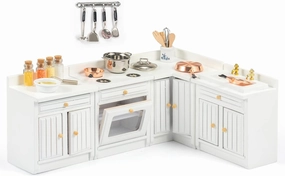 SAMCAMI Wooden Dollhouse Furniture Set - Miniature Furniture 1 12 Scale for Dollhouse Kitchen - Doll House Furniture Toys Incl Freely Combined Wooden Kitchen Cabinets and Other Dollhouse Accessories