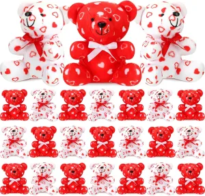 Sanwuta 24 Pcs Plush Bear Toys 4 Inch Mini Stuffed Animals White and Red Plush Stuffed Love Bears with Hearts Pattern for Wedding Anniversary Birthday Party Favors Gifts