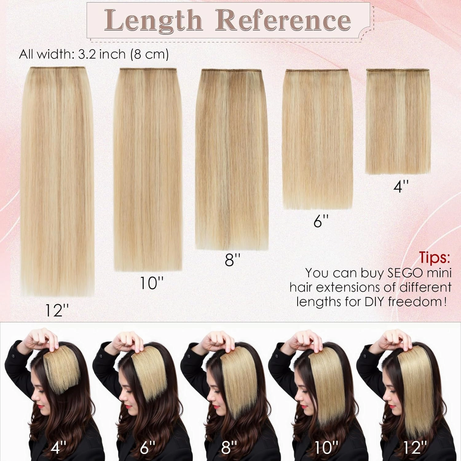 SEGO Clip in Hair Extensions for Women, 100% Remy Human Hair, Mini Hairpieces with 2 Clips, Short Extensions to Add Hair Volume, 2 Pcs, 4 Inches, 16g, Bleach Blonde
