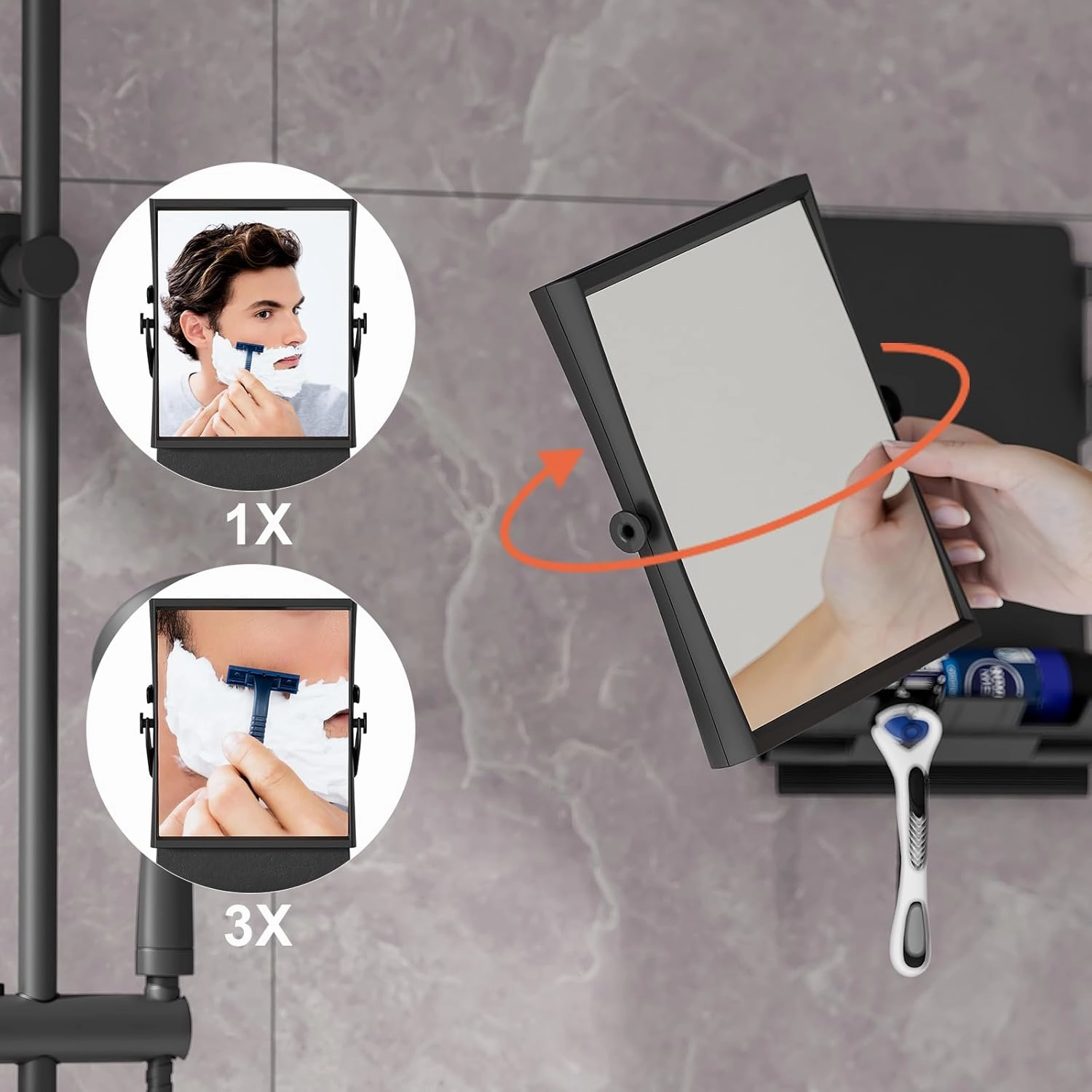 Shower Mirror Fogless and Shower Hook - Dual-Sided 1X/3X Magnification, Anti-Fog Shaving Mirror with Squeegee, Rust-Proof, Black
