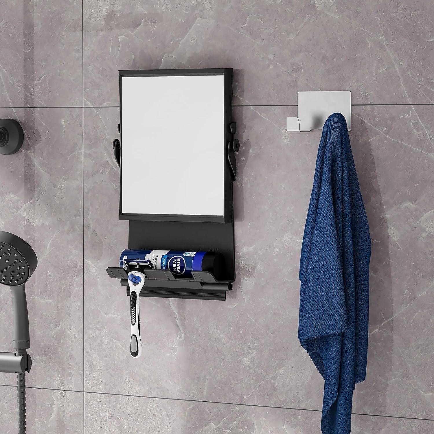 Shower Mirror Fogless and Shower Hook - Dual-Sided 1X/3X Magnification, Anti-Fog Shaving Mirror with Squeegee, Rust-Proof, Black