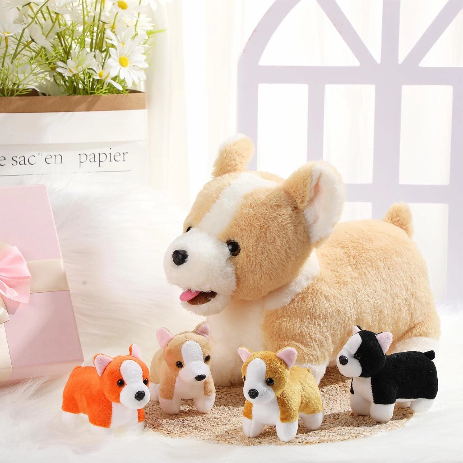 Skylety 5 Pcs Dog Stuffed Animal Puppy Stuffed Animal with Babies Inside 1 Big Mommy with 4 Mini Baby Cute Soft Puppies for Children Birthday Party Adopt a Dog Party Favors(Corgi)