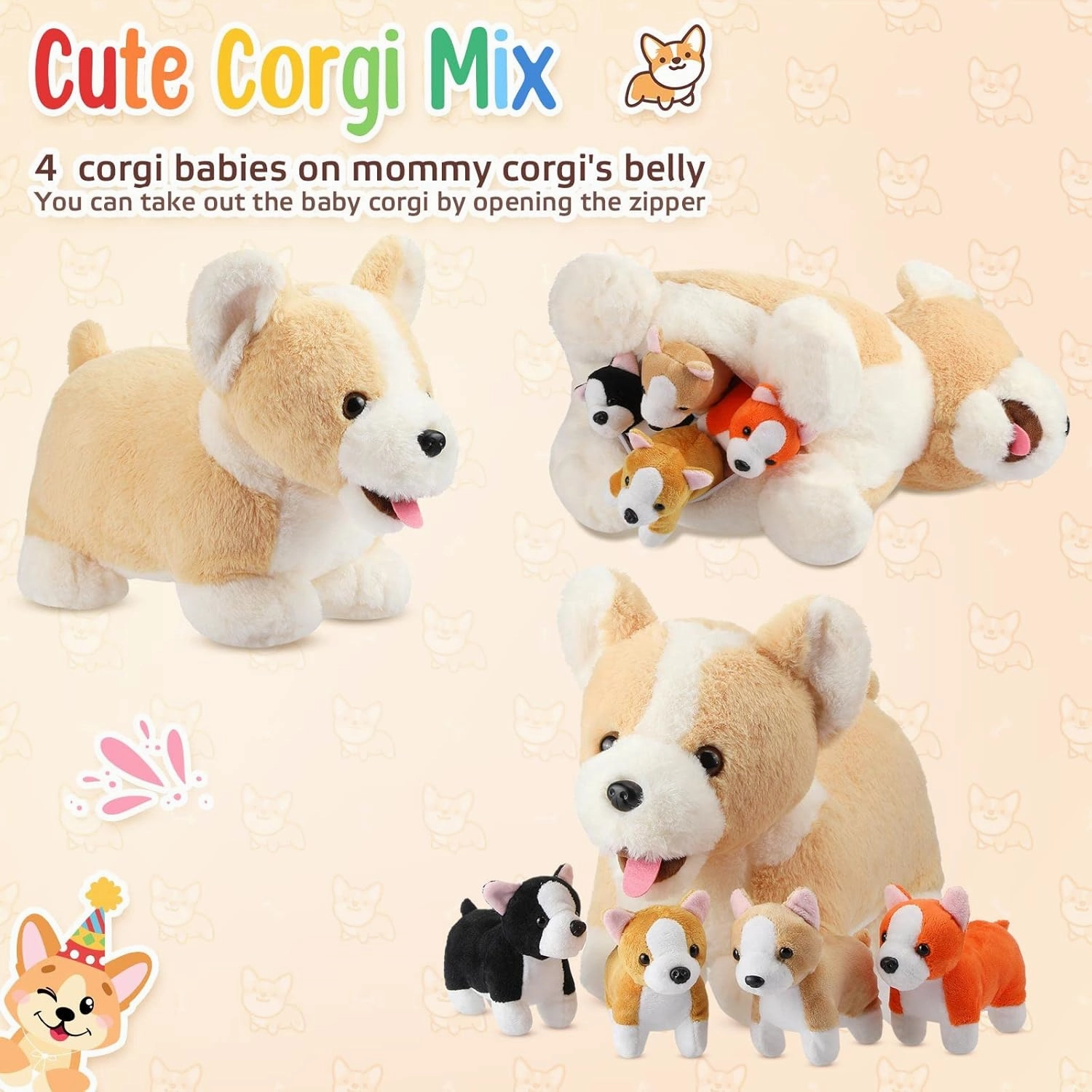 Skylety 5 Pcs Dog Stuffed Animal Puppy Stuffed Animal with Babies Inside 1 Big Mommy with 4 Mini Baby Cute Soft Puppies for Children Birthday Party Adopt a Dog Party Favors(Corgi)