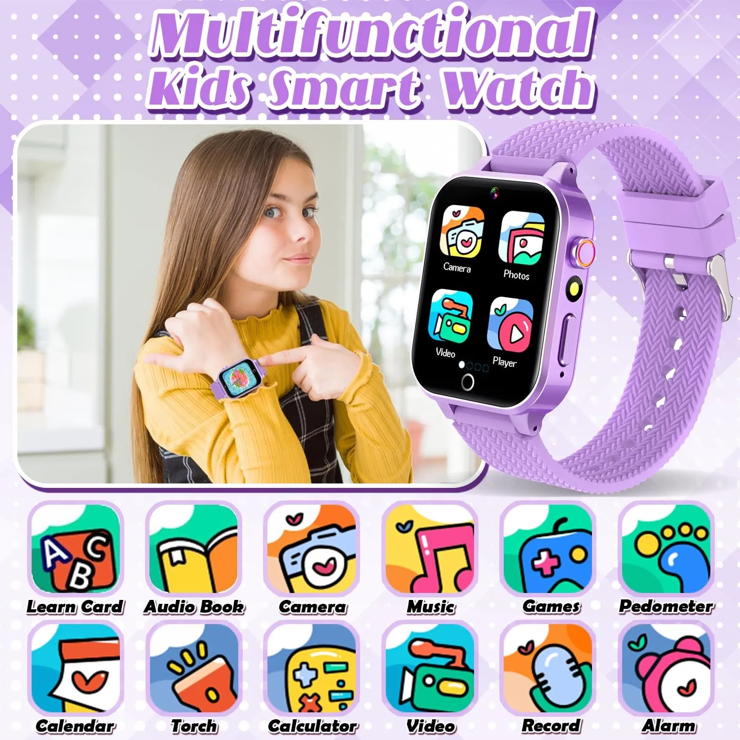 Smart Watch for Kids Girls Age 3-12 with 26 Puzzle Games HD Video Camera Touchscreen Music Player Learning Cards Storybook Pedometer Metal Case Kids Watch Toy Birthday Gifts Include 2 Screen Protector