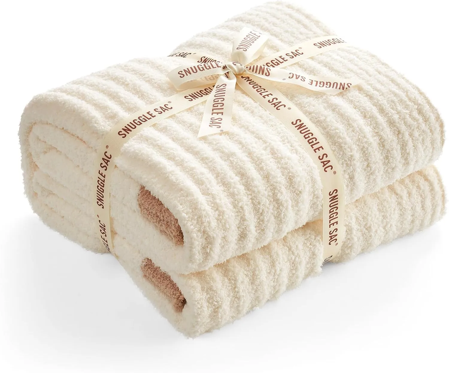 Snuggle Sac Soft Ribbed Throw Blanket for Couch, Luxurious Fluffy Cozy Knit Throws for All Season, Reversible Warm Microfiber Blankets for Couch, Sofa, Travel, Cream, 50x60 inches
