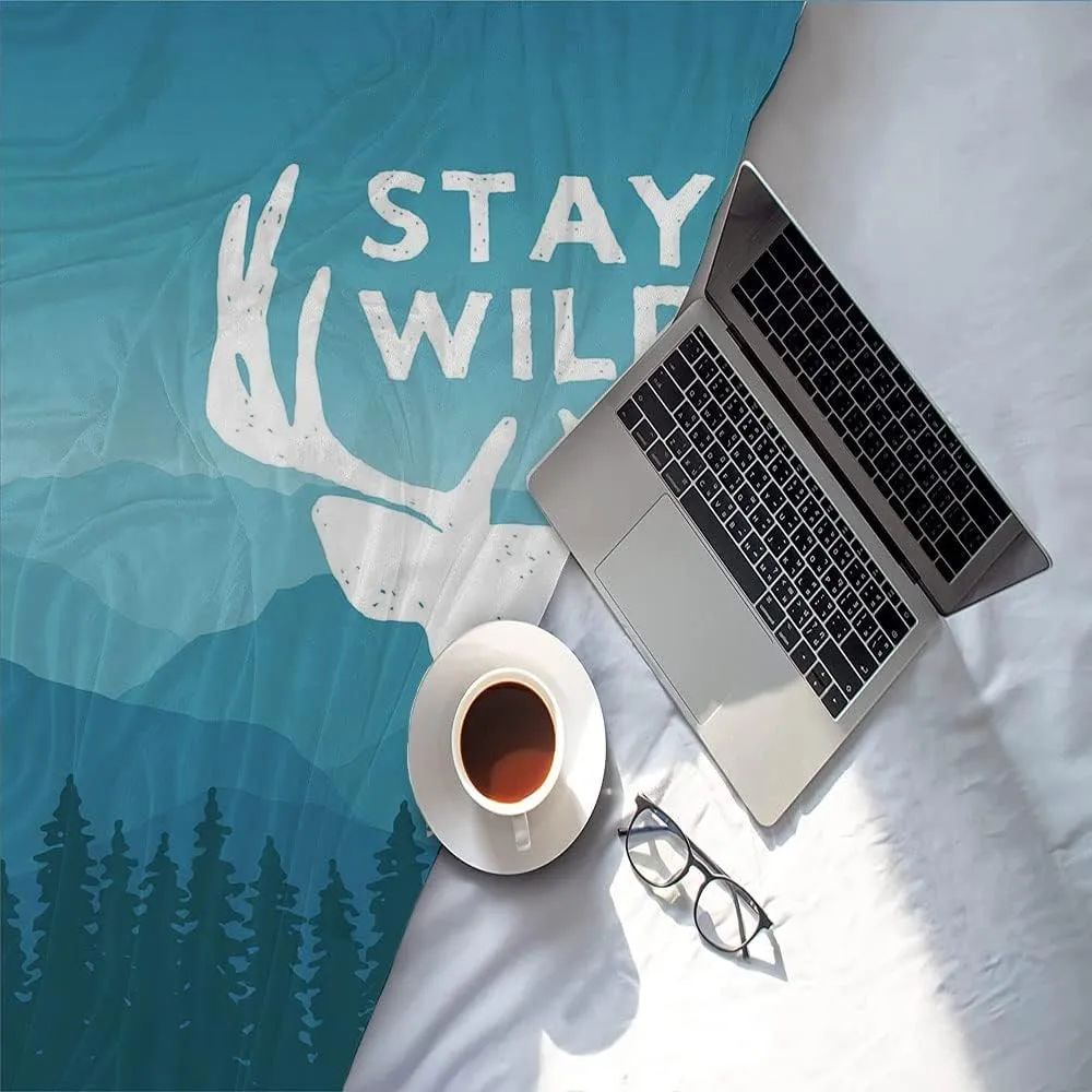 Sofa Blanket Fall, Adventure Bed Blanket Twin, Wilderness Themed Stay Wild Quote Mountain, Fluffy And Comfortable, 60 x 80inches, Blankets for Bed Couch Chair Car Living Room, Baby Blue Dark Blue