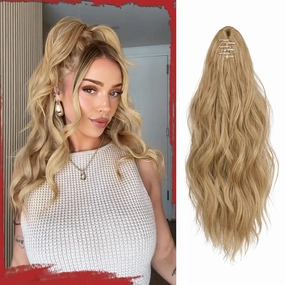 SOFEIYAN Ponytail Extension 16" Curly Wavy Claw Clip Ponytail Hair Extensions Small Claw Clip in Hairpiece Fluffy Clip on Pony Tails Jaw Clips for Women Synthetic Hairpiece, Blonde&Gold Highlights