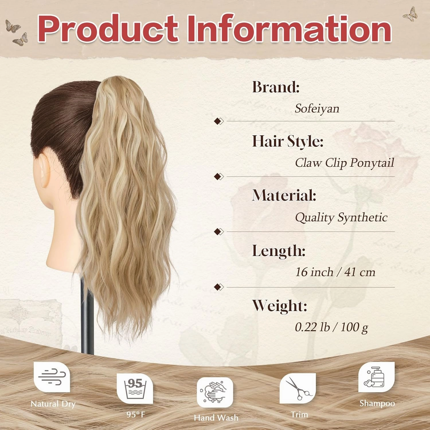 SOFEIYAN Ponytail Extension 16" Curly Wavy Claw Clip Ponytail Hair Extensions Small Claw Clip in Hairpiece Fluffy Clip on Pony Tails Jaw Clips for Women Synthetic Hairpiece, Blonde&Gold Highlights