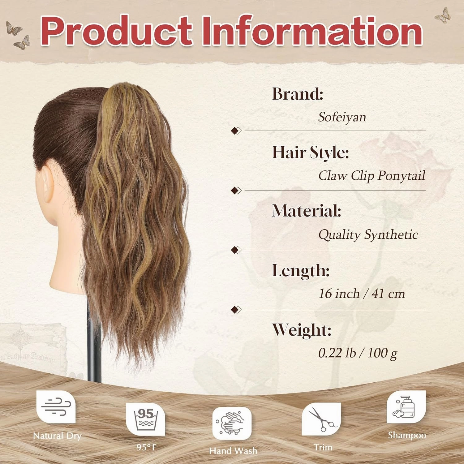 SOFEIYAN Ponytail Extension 16" Curly Wavy Claw Clip Ponytail Hair Extensions Small Claw Clip in Hairpiece Fluffy Clip on Pony Tails Jaw Clips for Women Synthetic Hairpiece, Brown & Blonde