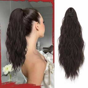 SOFEIYAN Ponytail Extension 16" Curly Wavy Claw Clip Ponytail Hair Extensions Small Claw Clip in Hairpiece Fluffy Clip on Pony Tails Jaw Clips for Women Synthetic Hairpiece, Dark Brown