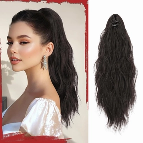 SOFEIYAN Ponytail Extension 16" Curly Wavy Claw Clip Ponytail Hair Extensions Small Claw Clip in Hairpiece Fluffy Clip on Pony Tails Jaw Clips for Women Synthetic Hairpiece, Dark Brown Tend to Black