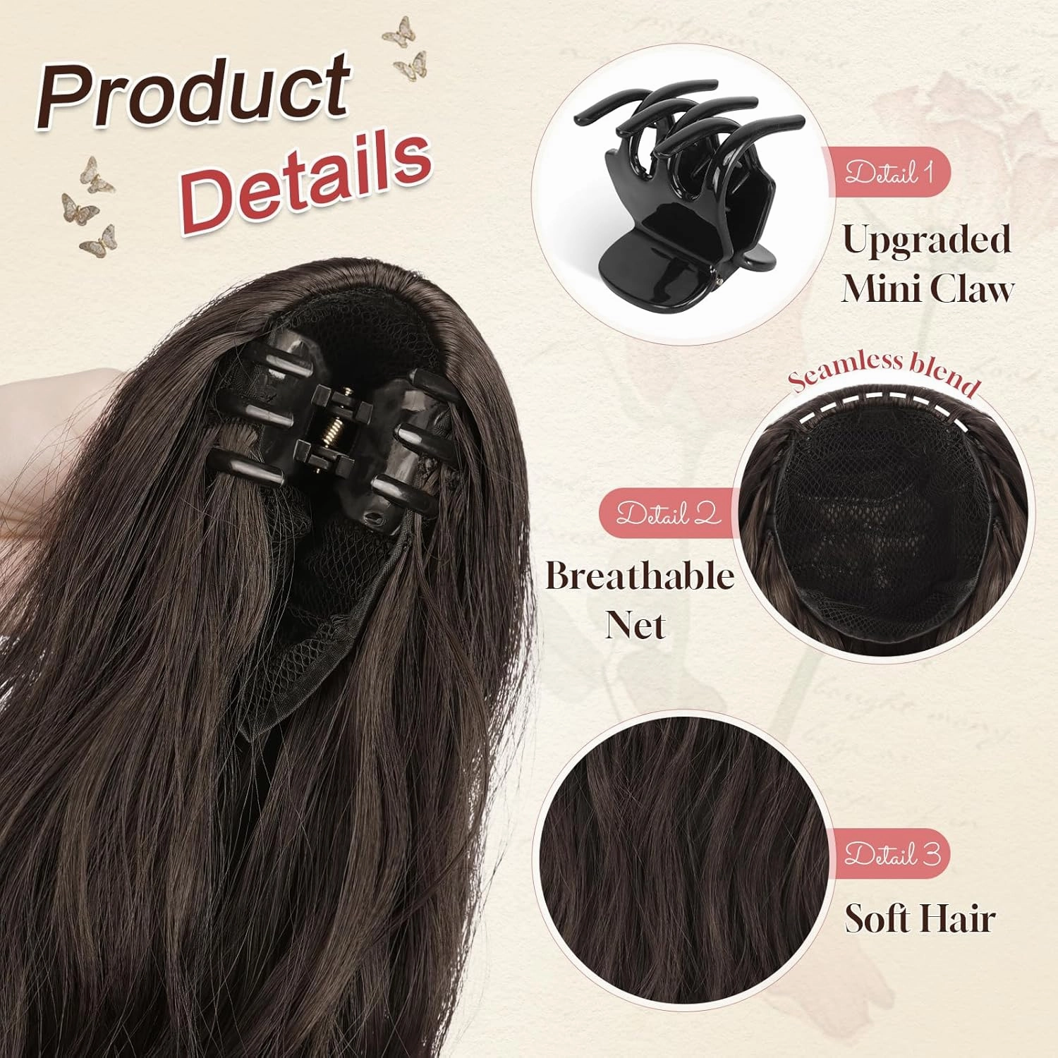 SOFEIYAN Ponytail Extension 16" Curly Wavy Claw Clip Ponytail Hair Extensions Small Claw Clip in Hairpiece Fluffy Clip on Pony Tails Jaw Clips for Women Synthetic Hairpiece, Dark Brown Tend to Black