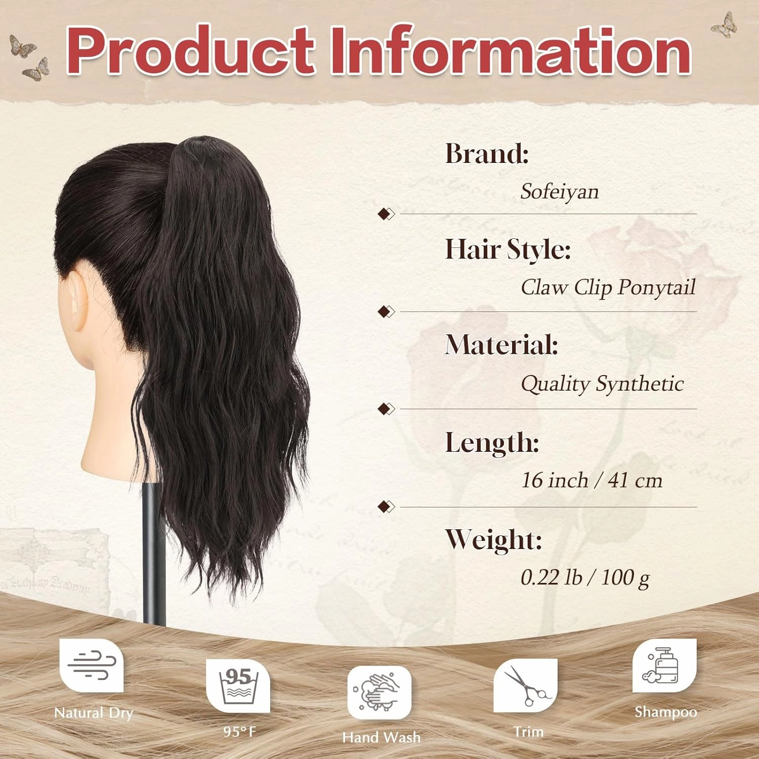 SOFEIYAN Ponytail Extension 16" Curly Wavy Claw Clip Ponytail Hair Extensions Small Claw Clip in Hairpiece Fluffy Clip on Pony Tails Jaw Clips for Women Synthetic Hairpiece, Dark Brown Tend to Black