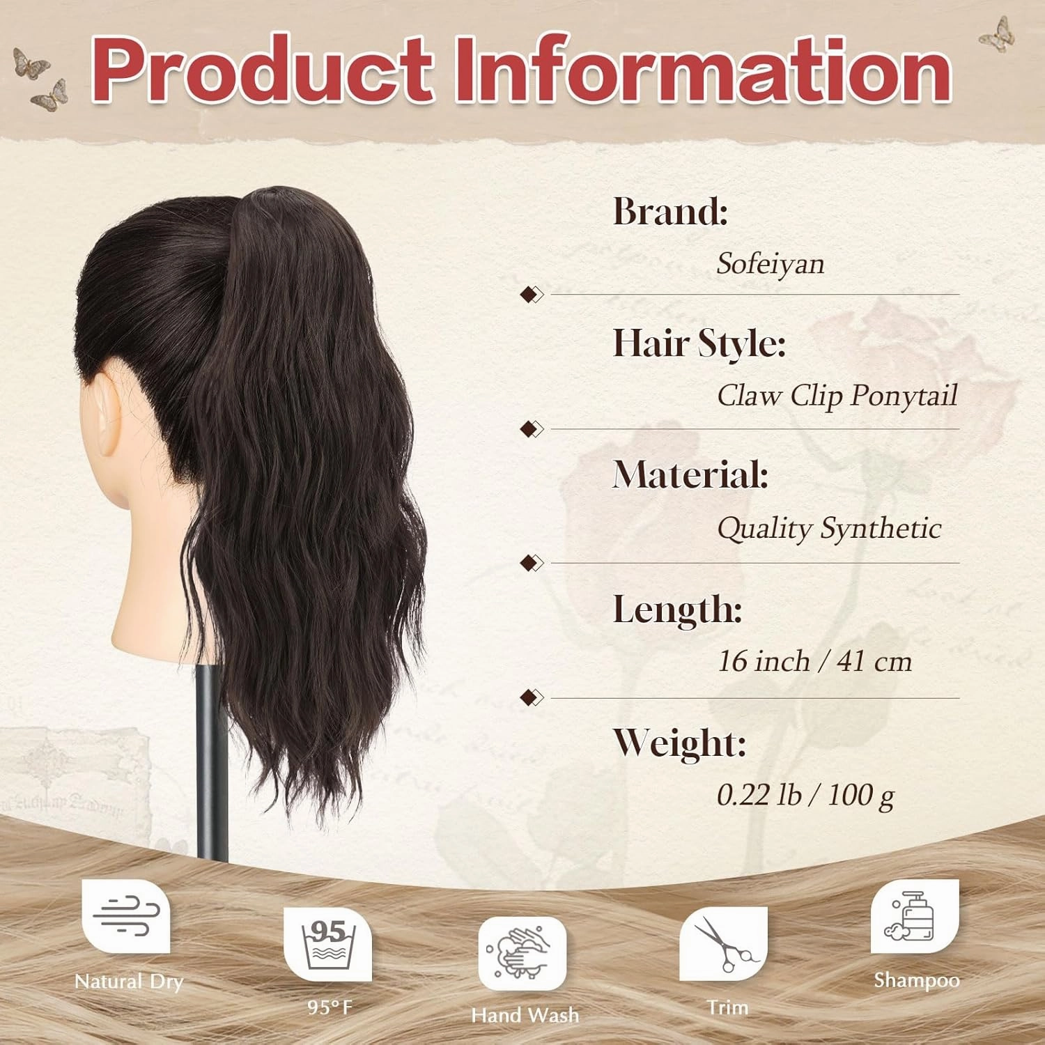 SOFEIYAN Ponytail Extension 16" Curly Wavy Claw Clip Ponytail Hair Extensions Small Claw Clip in Hairpiece Fluffy Clip on Pony Tails Jaw Clips for Women Synthetic Hairpiece, Dark Brown