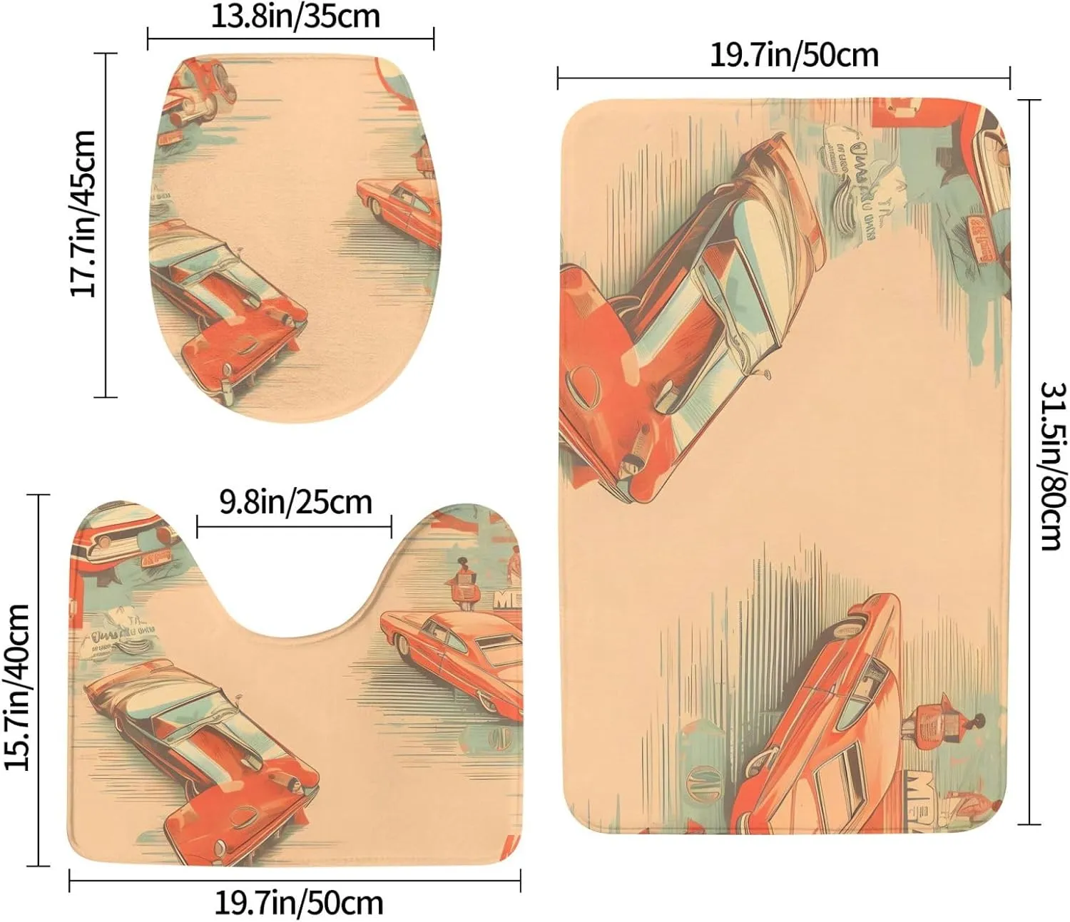 Soft and Comfortable Flannel Bathroom Non Slip Rugs,Super Absorbent Anti-Skid Carpet 3 Pieces/Set Poster Car