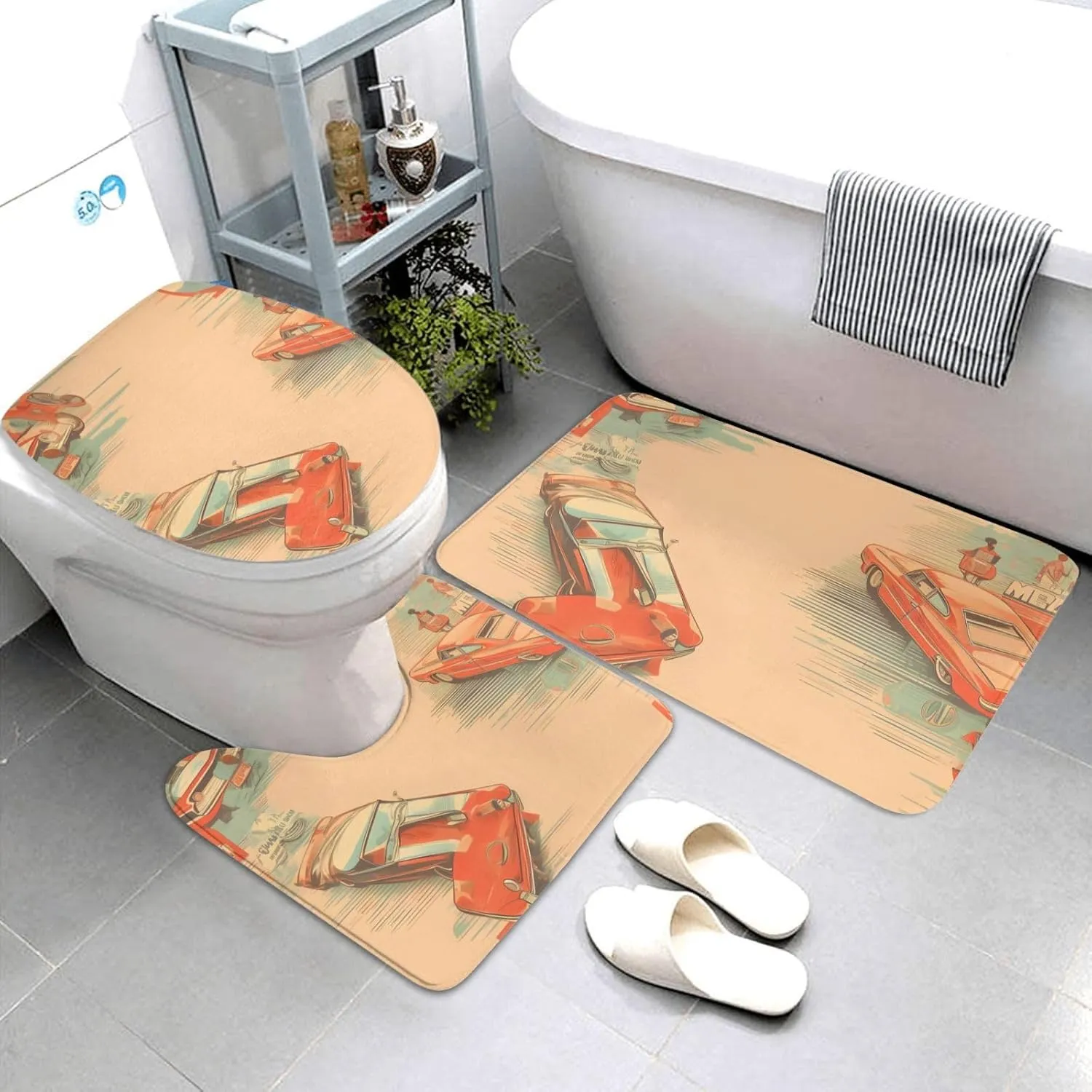 Soft and Comfortable Flannel Bathroom Non Slip Rugs,Super Absorbent Anti-Skid Carpet 3 Pieces/Set Poster Car