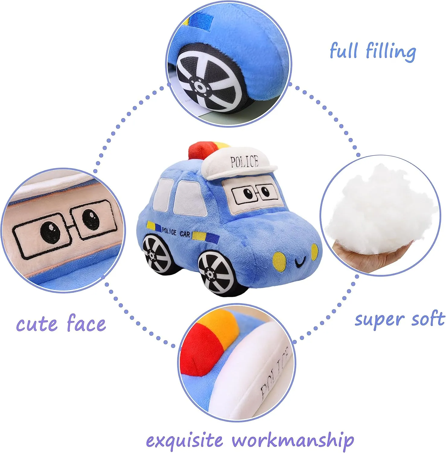 Soft Plush Police Car Stuffed Toy Super Cute Blue Squad Cars Plushie Excellent Gifts for Kids or Birthday Party 11 Inches (Police Car)