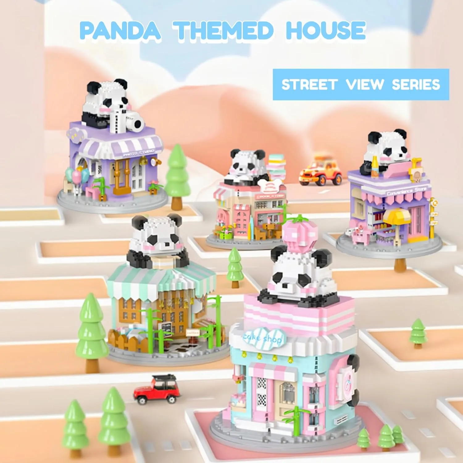 Street View Convenience Store Mini Building Blocks,872 Pieces Cute Panda Animal Micro Building Sets,Simulation Architecture Construction Toy,Creative Gifts for Adults Boys Girls 12 