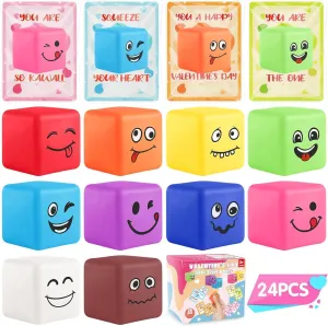 Stress Balls Fidget Toys for Kids: Mini Smile Face Stress Ball 24 Pack, Stretchy Toys for Anxiety Stress Relief, Square Shape Hand Therapy Sensory Play, Pull Stretch Squishy Toy Prize Box Toys