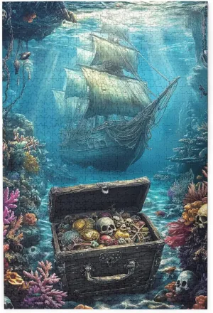 Sunken Pirate Ship & Treasure Chest 1000 Piece Vibrant Jigsaw Puzzle, Wooden Ocean Puzzle With Colorful Coral & Fish,Every Piece Is Unique,Suitable For Family Recreation