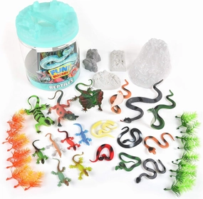 Sunny Days Entertainment Reptile Figure Play Bucket – 43 Assorted Lizards and Educational Accessories Toy Play Set for Kids | Plastic Animal Figures with Storage Container, Multicolor