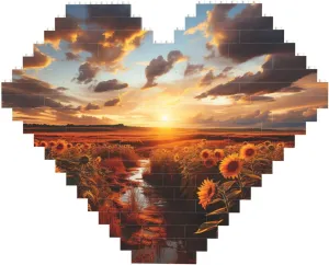 Sunset Over Sunflower Field Building Block Puzzle Heart Shaped Personalized Photo Building Blocks Puzzles Romantic Home Decor Anniversary Birthday Gifts for Her, Him, Lovers, Couples