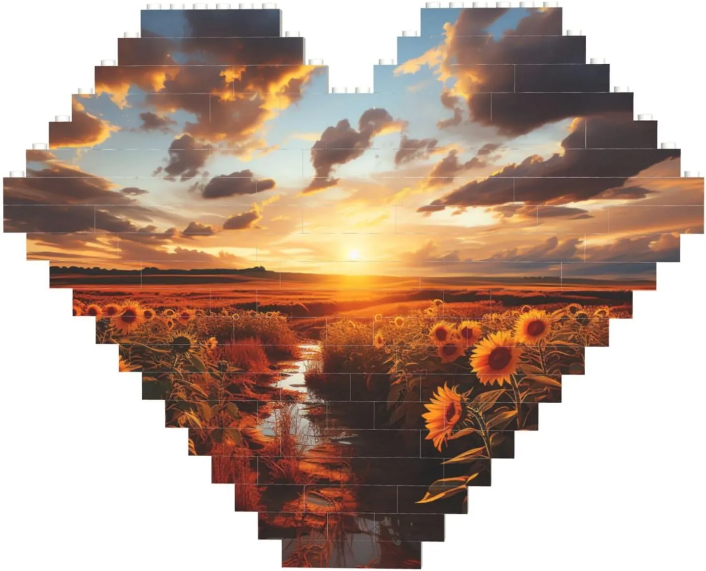 Sunset Over Sunflower Field Building Block Puzzle Heart Shaped Personalized Photo Building Blocks Puzzles Romantic Home Decor Anniversary Birthday Gifts for Her, Him, Lovers, Couples