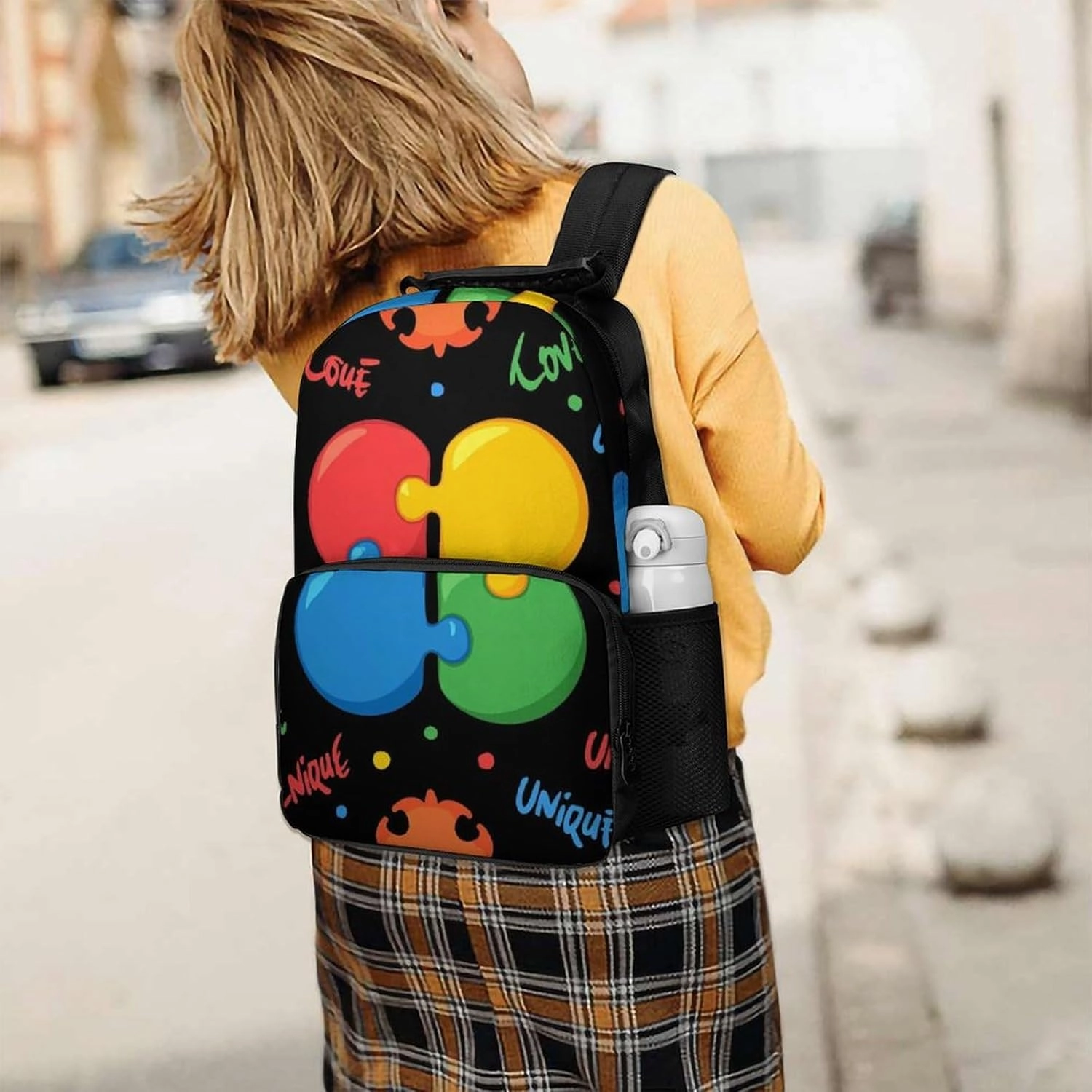 Supdreamc Polyester Daypack Backpack for Sports Travel Running - Big Capacity Anti-Theft Multipurpose Carry On Bag, Colorful Autism Awareness Puzzle Pieces Heart Black Laptop Book Bag Rucksack
