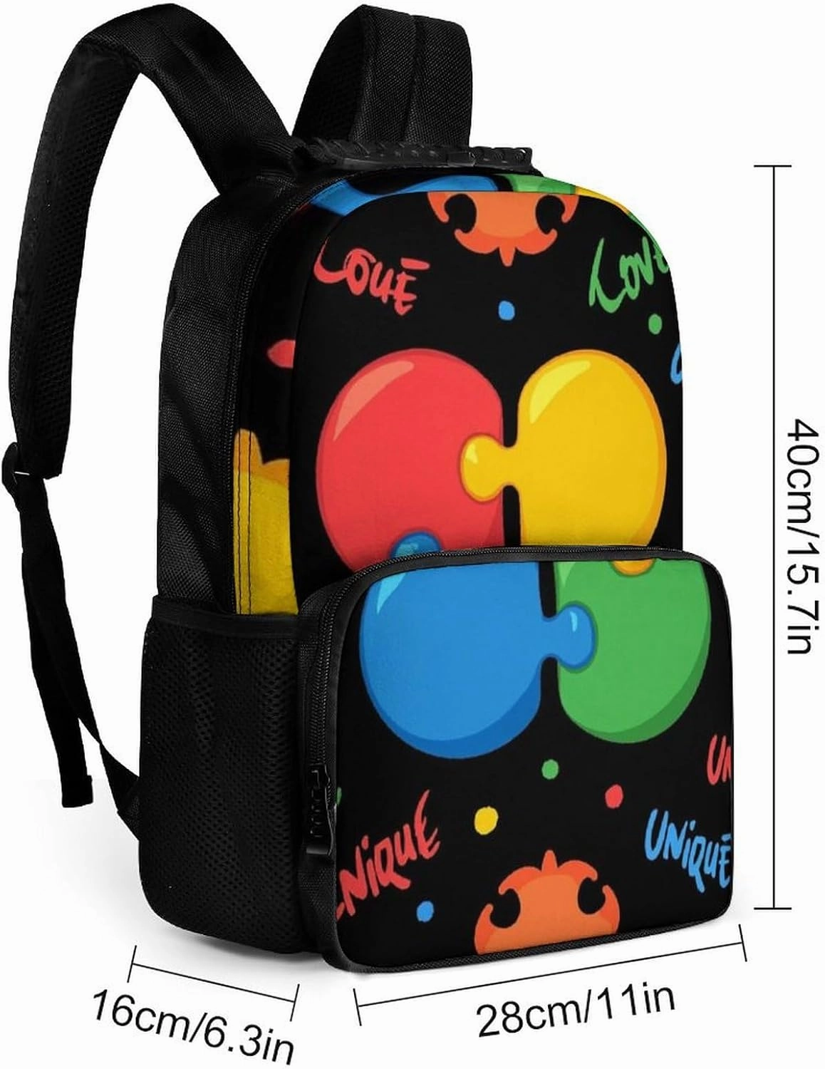 Supdreamc Polyester Daypack Backpack for Sports Travel Running - Big Capacity Anti-Theft Multipurpose Carry On Bag, Colorful Autism Awareness Puzzle Pieces Heart Black Laptop Book Bag Rucksack